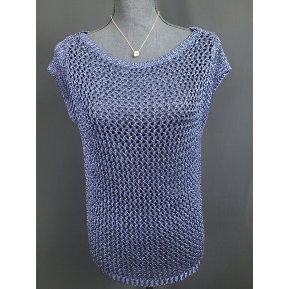WHBM Top Blue Knit Short Sleeved Sweater Sheer Size S - Picture 1 of 11